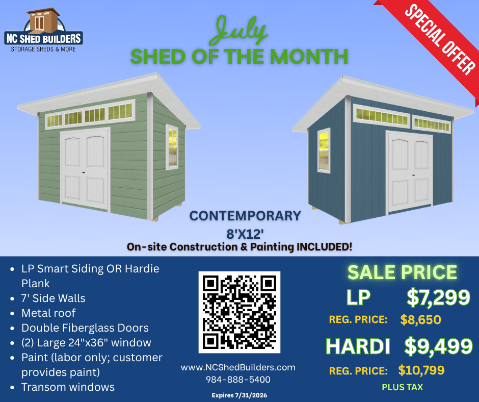July Storage Shed of the Month Special by NC Shed Builders